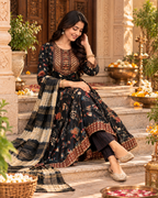 Cotton Kurti Pant Set With Dupatta(Black Currant)