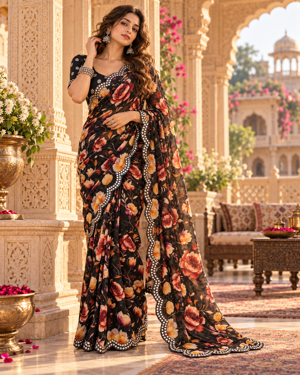 Premium Georgette Floral Print Saree With Unstitched Blouse(Black)