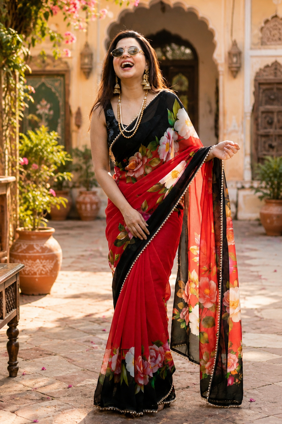 Soft Georgette Digital Print Saree With Unstitched Blouse(Red)