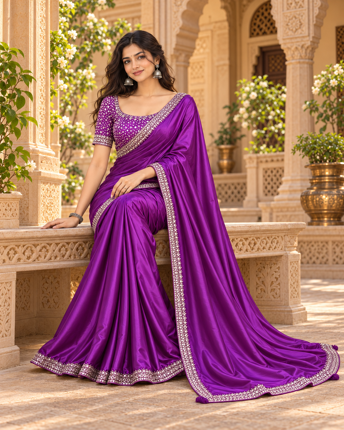 Premium Satin Silk Sequin Thread Work Saree with Unstitched Blouse(Purple)