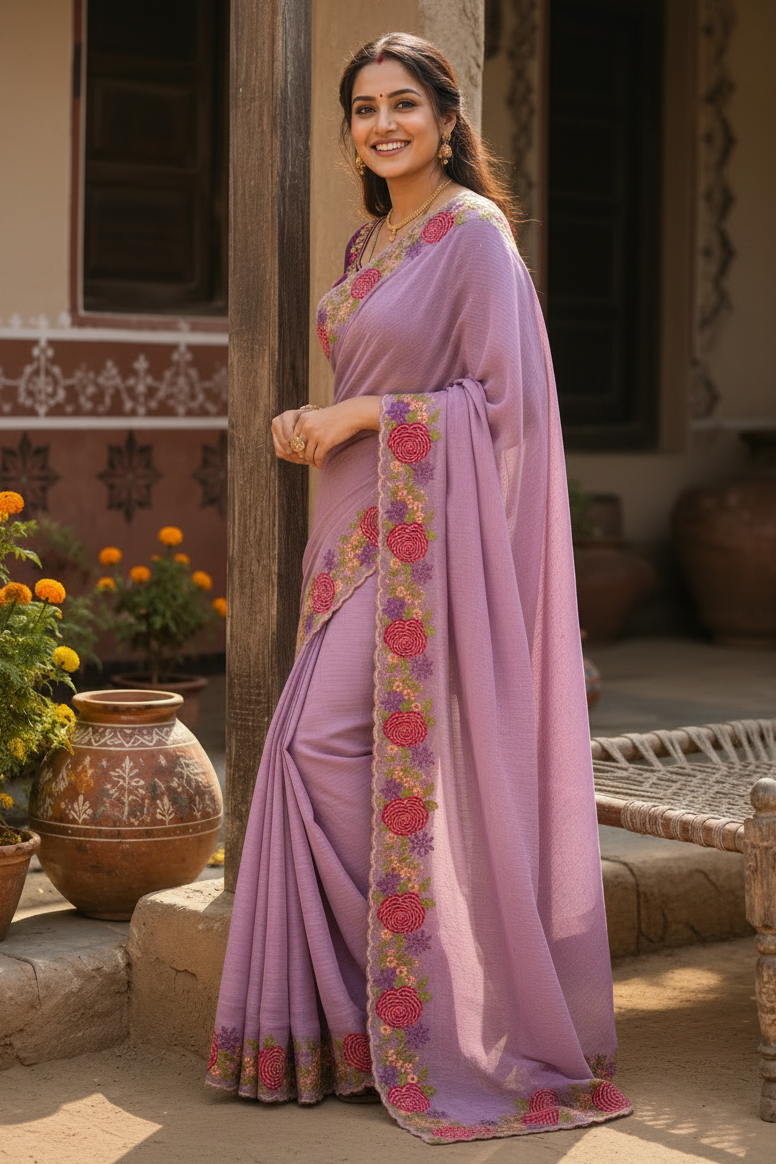 Star Georgette Heavy Work Saree With Unstitched Blouse(Lavender)