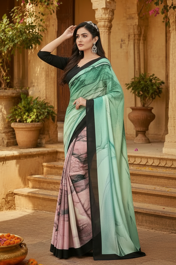 Soft Crepe Silk Digital Print Saree With Unstitched Blouse(Sea Green)