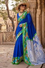 Load image into Gallery viewer, Pure Mulmul Cotton Printed Saree With Unstitched Blouse(Blue)
