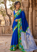 Load image into Gallery viewer, Pure Mulmul Cotton Printed Saree With Unstitched Blouse(Blue)

