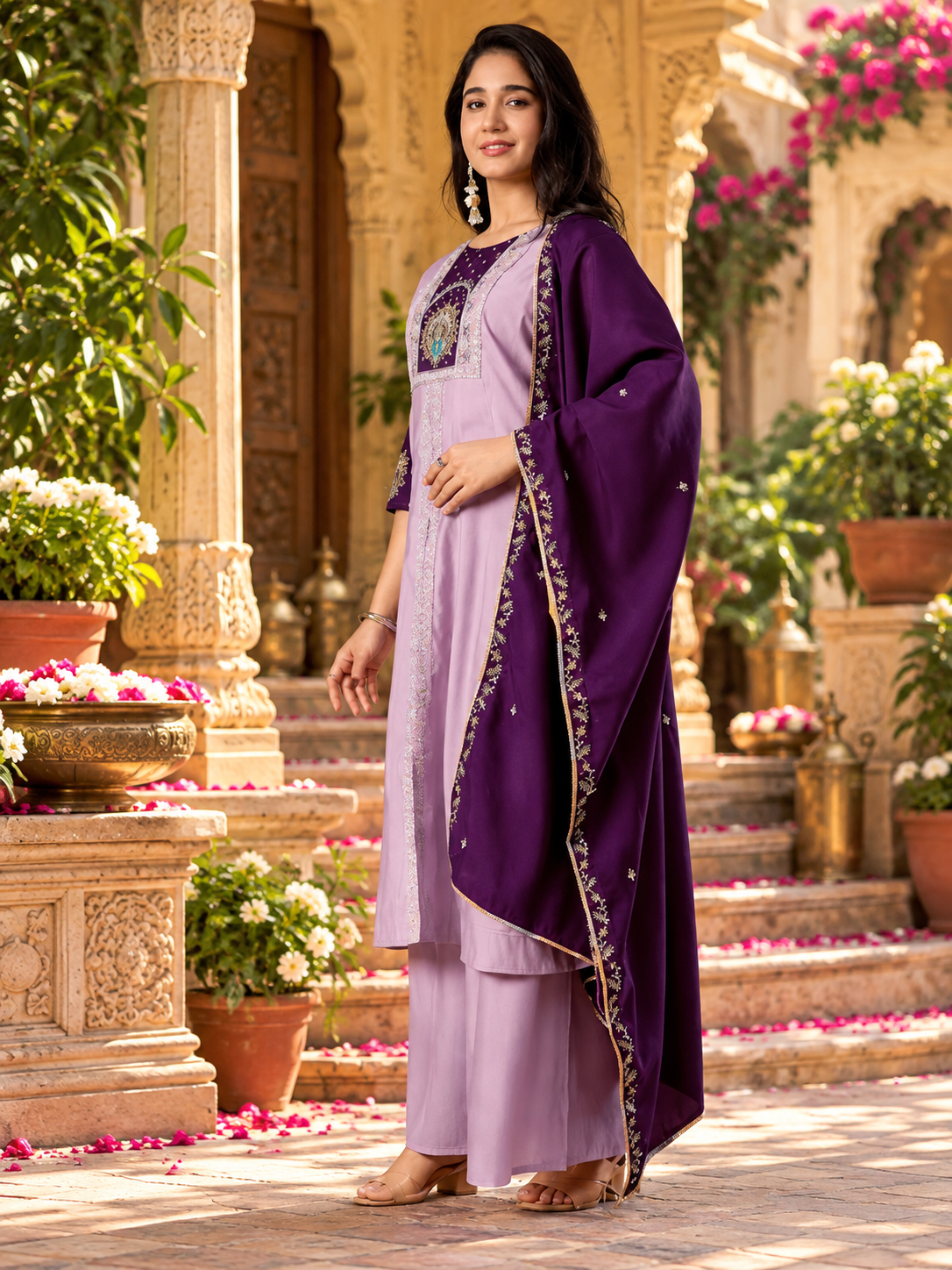 Roman Silk Anarkali Kurti Pant Set With Dupatta(Lavender)