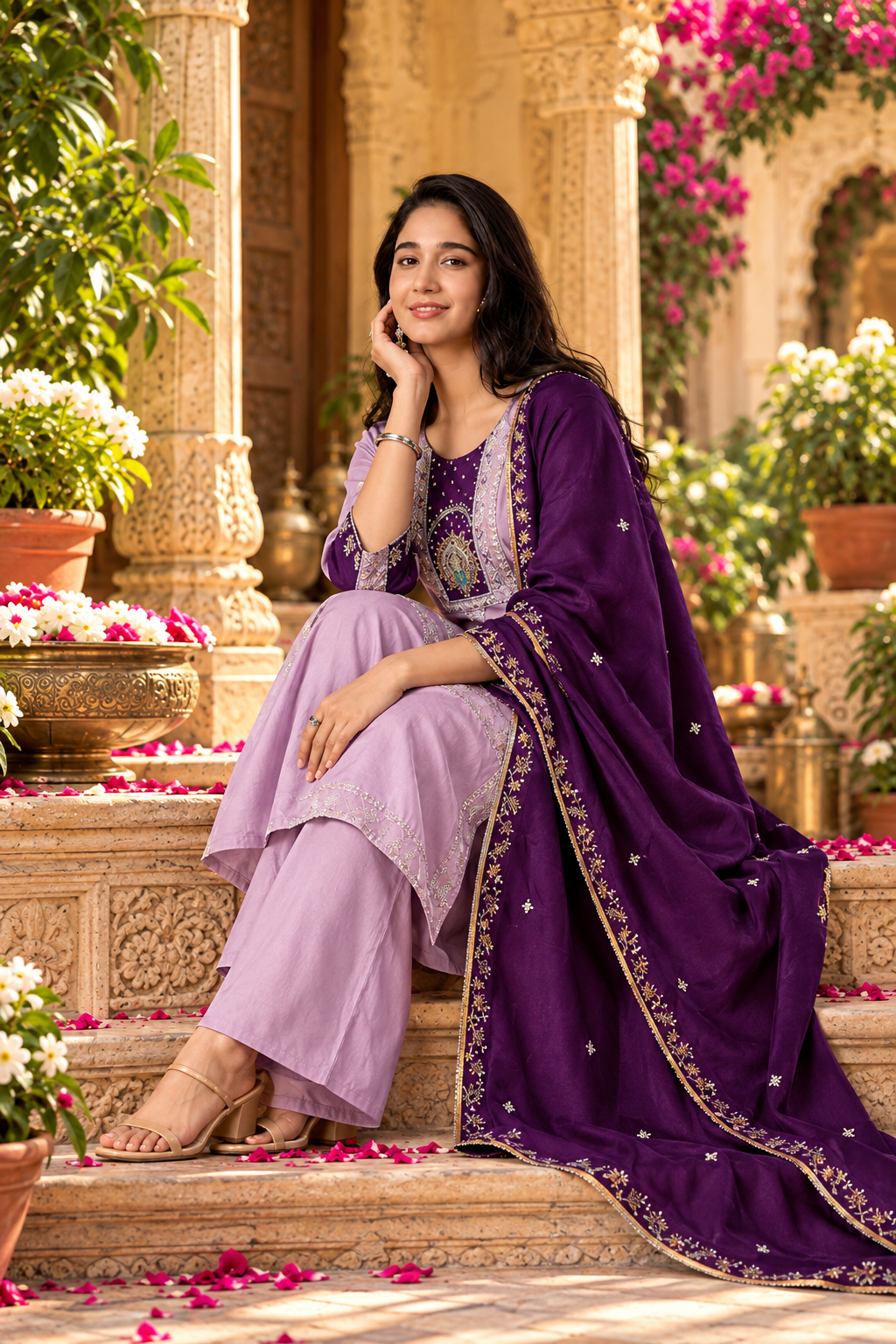 Roman Silk Anarkali Kurti Pant Set With Dupatta(Lavender)