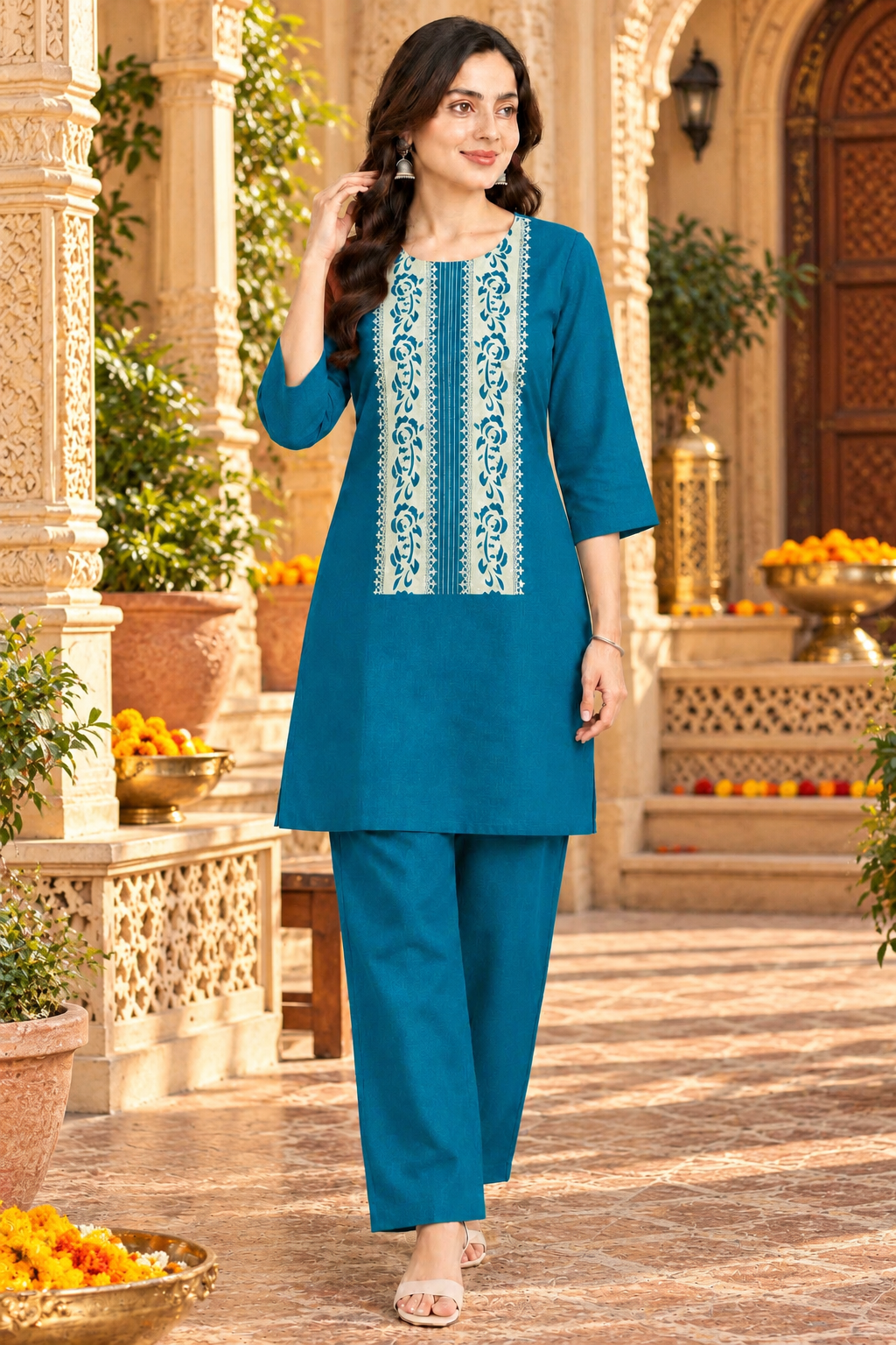 Cotton Kurti Pant Two Piece Set(Sky)