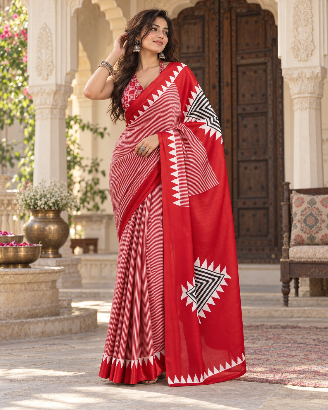 Satin Silk Ajrakh Printed Saree With Unstitched Blouse(Red)