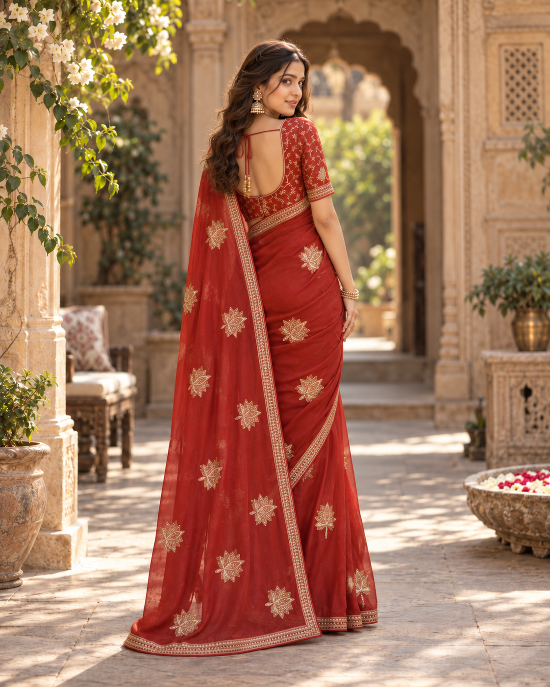 Crunch Silk Sequins Work Saree With Unstitched Blouse(Red)