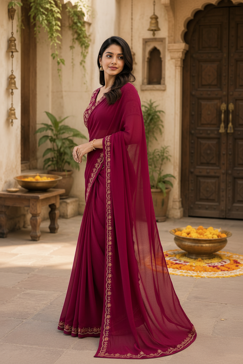 Sequins Embroidery Georgette Saree With Unstitched Blouse(Rani)