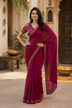 Sequins Embroidery Georgette Saree With Unstitched Blouse(Rani)
