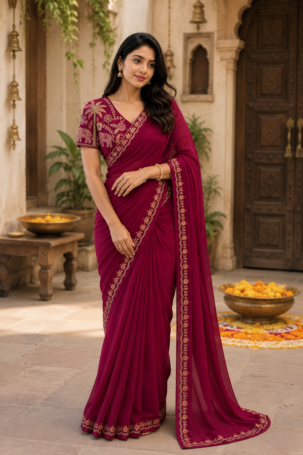 Sequins Embroidery Georgette Saree With Unstitched Blouse(Rani)