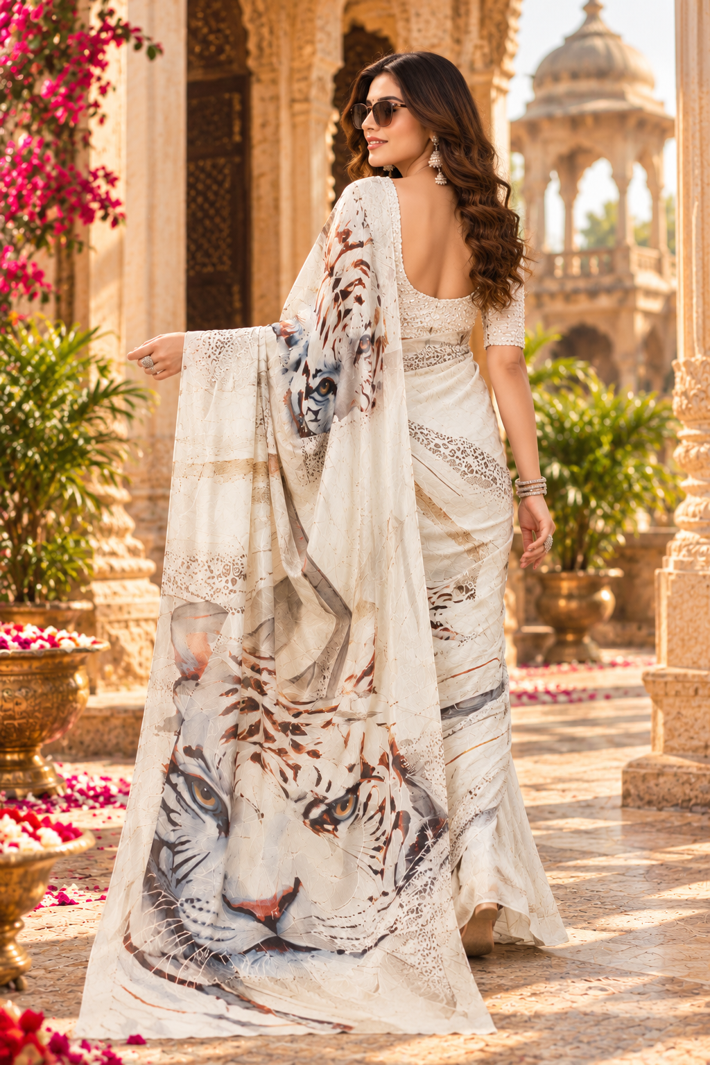 Premium Satin Silk Digital Print Saree With Unstitched Blouse(White)