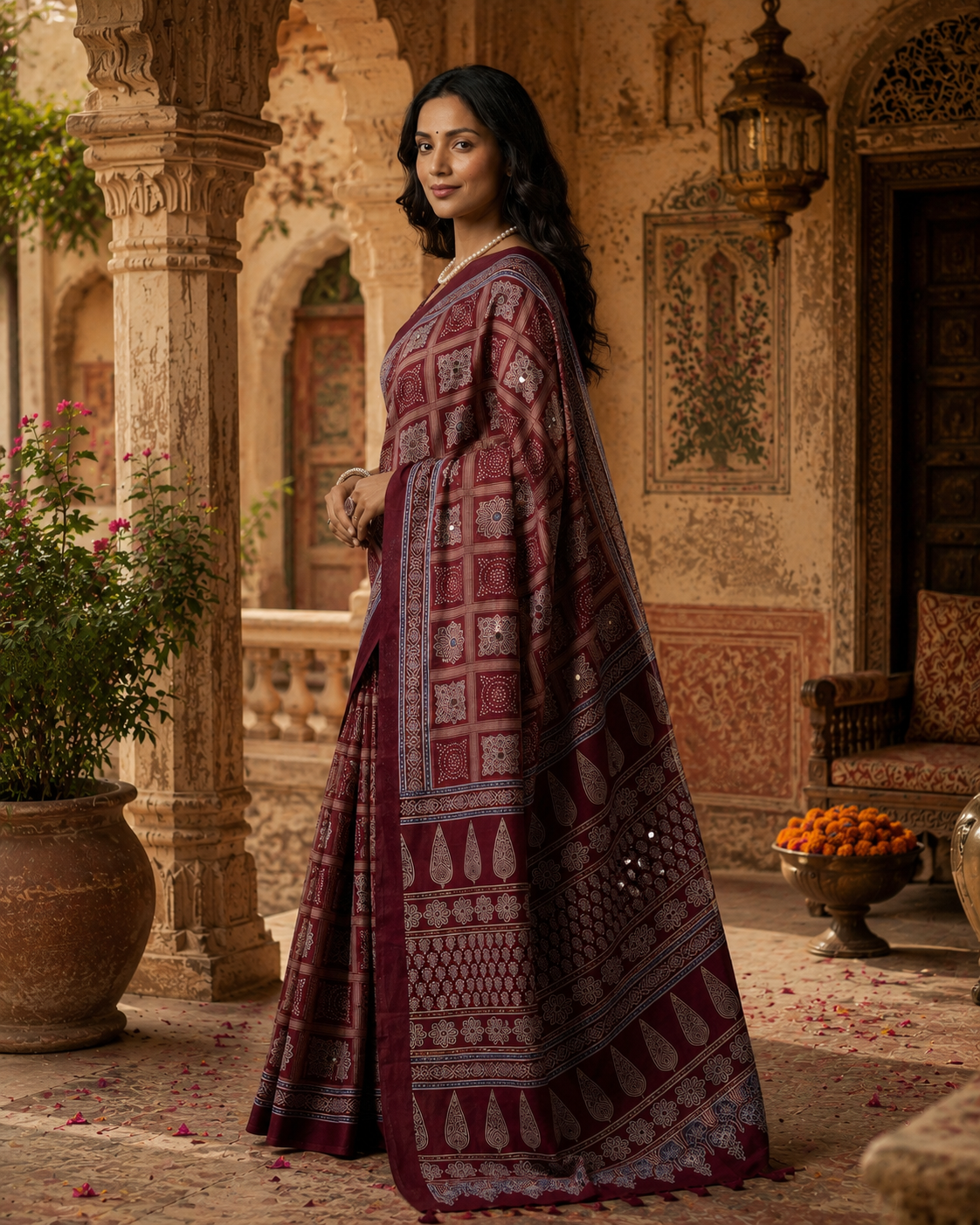 Satin Silk Ajrakh Printed Saree With Unstitched Blouse(Red)
