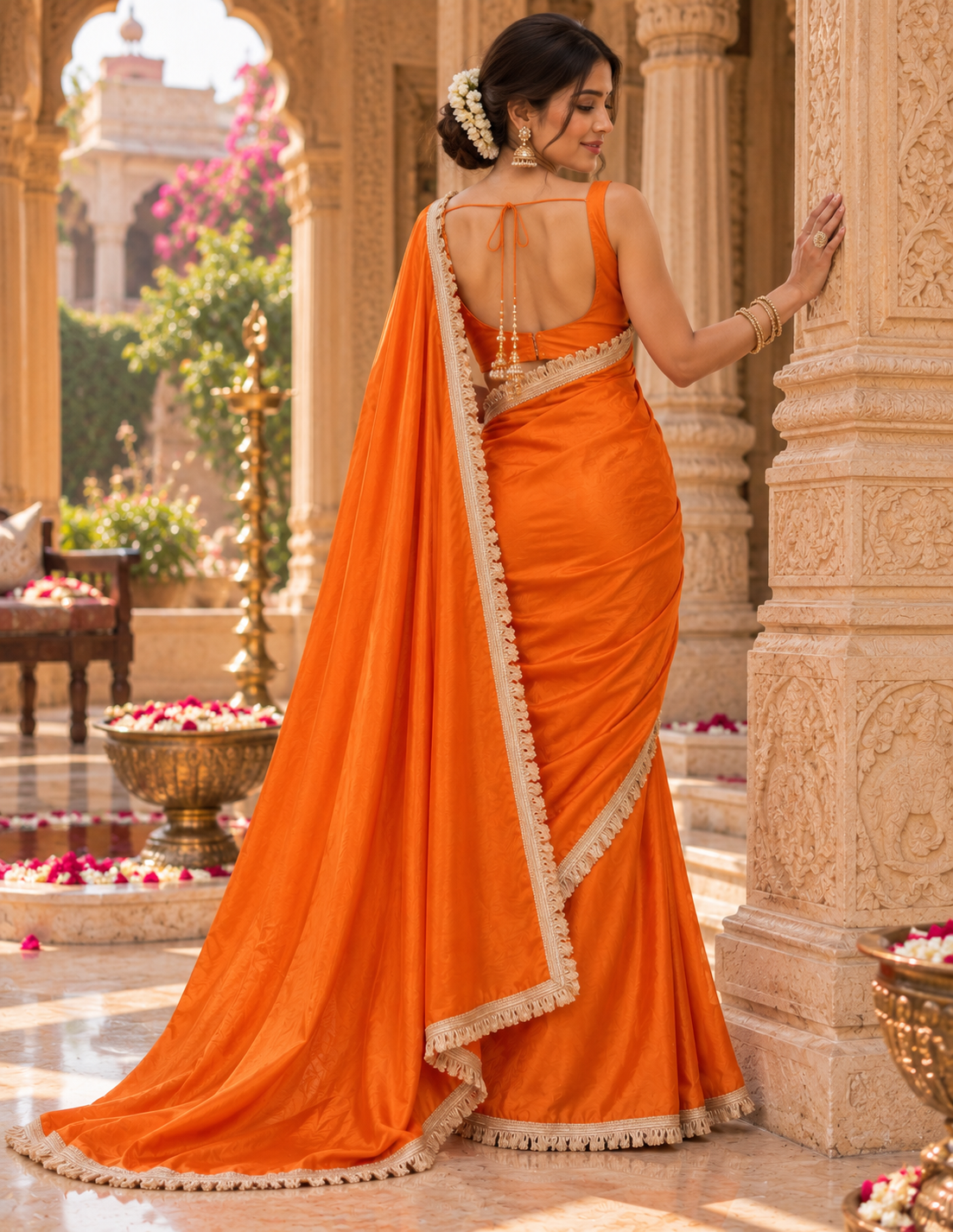 Satin Silk Golden Lace Border Work Saree With Unstitched Blouse(Orange)