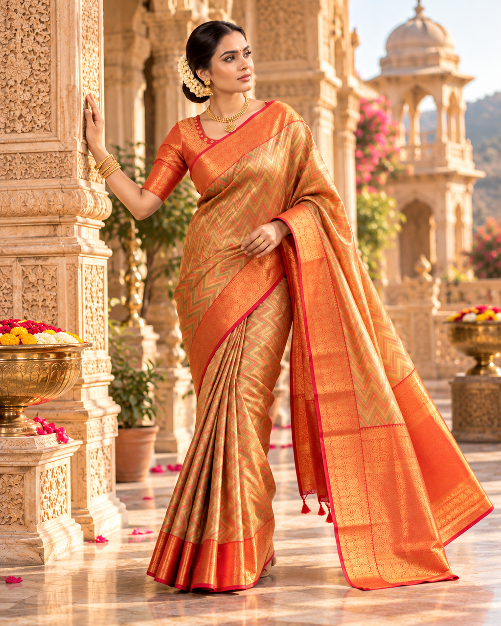Pure Kanjivaram Silk Saree With Unstitched Blouse(Orange)