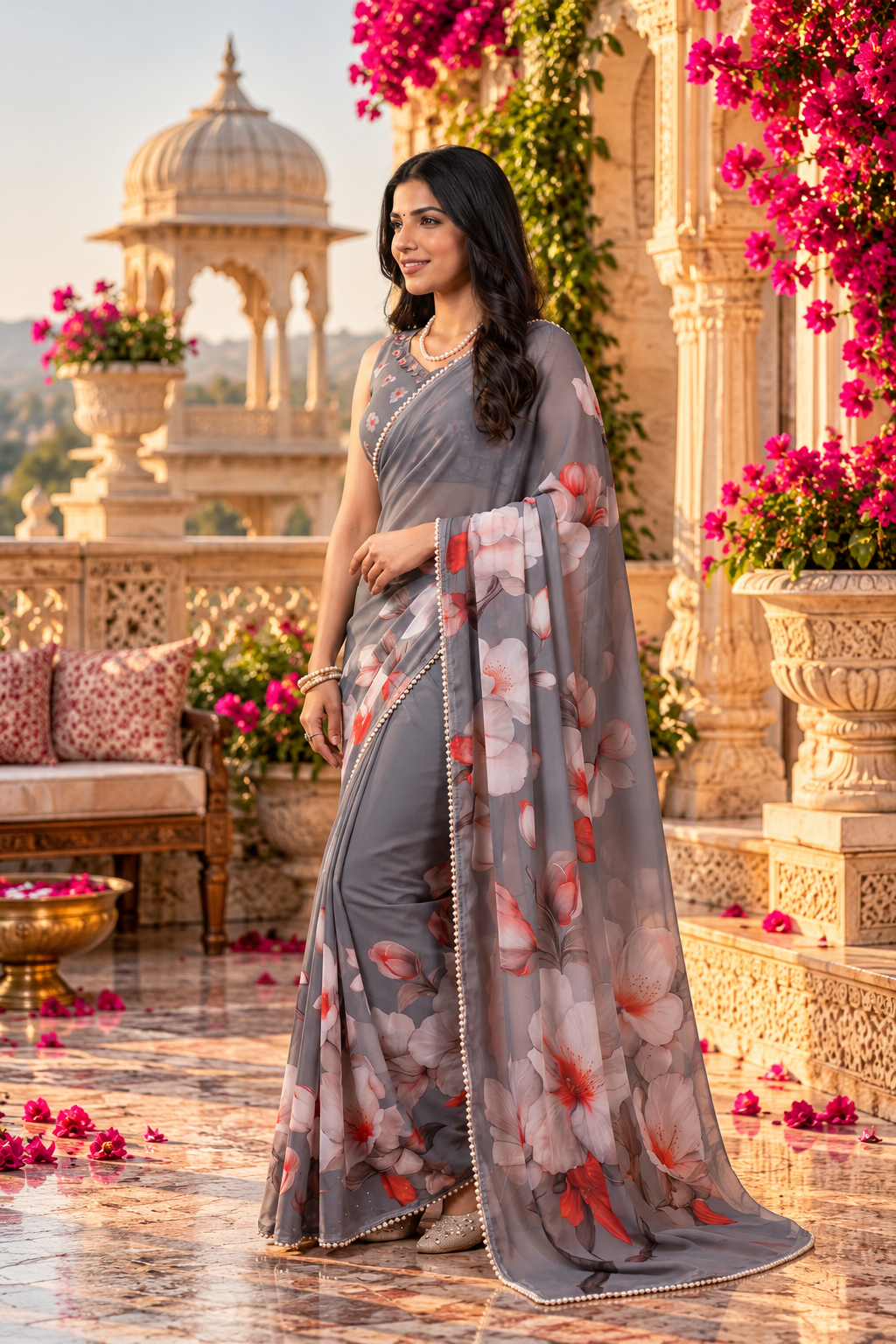 Premium Georgette Digital Print Moti Lace Work Saree With Unstitched Blouse(Grey)