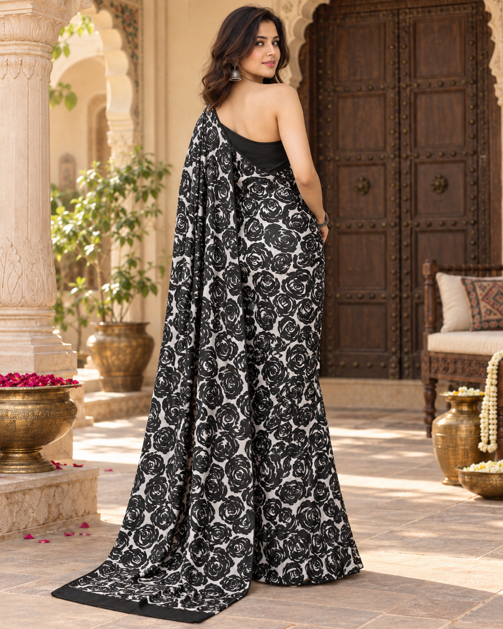 Satin Silk Printed Saree With Unstitched Blouse(Black)