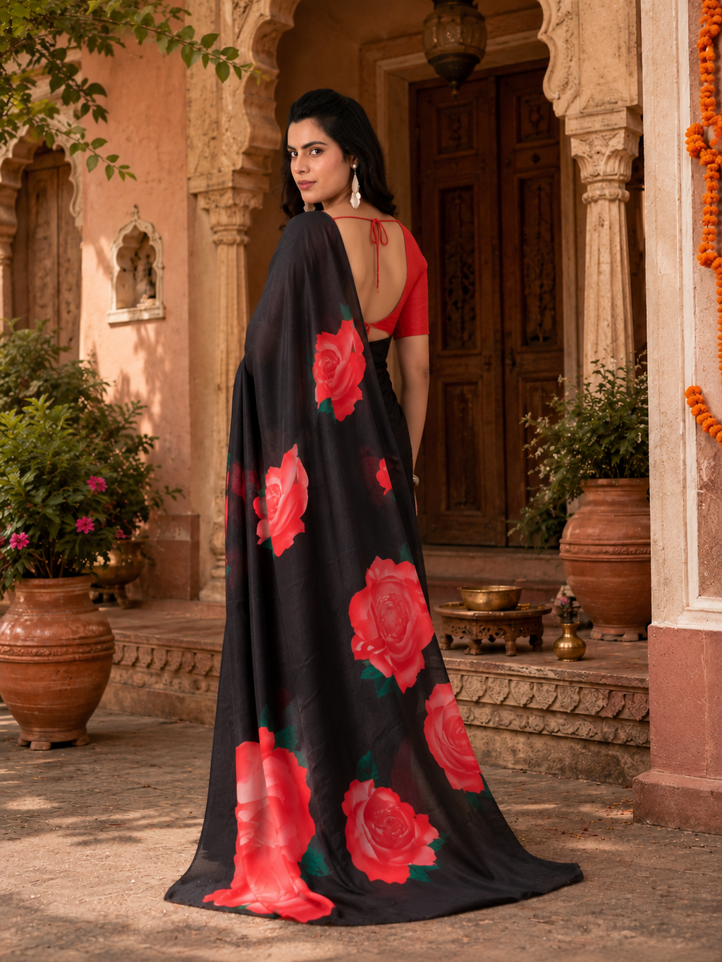 Georgette Satin Floral Printed Saree With Unstitched Blouse(Black)