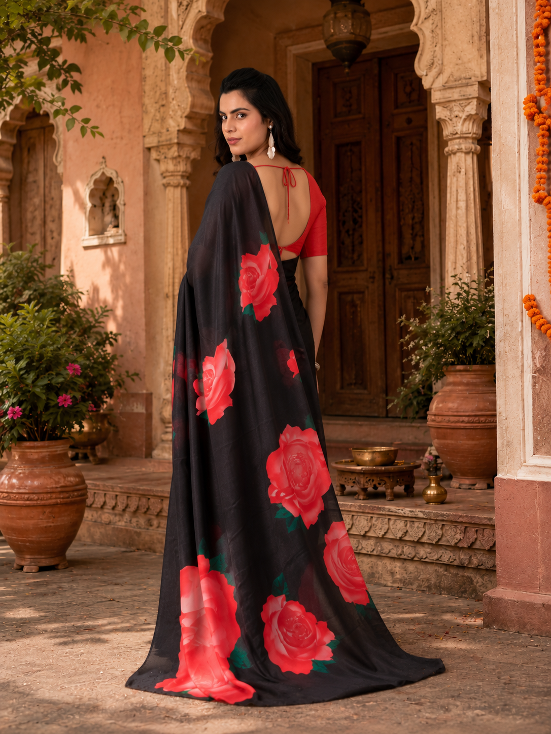 Georgette Satin Floral Printed Saree With Unstitched Blouse(Black)
