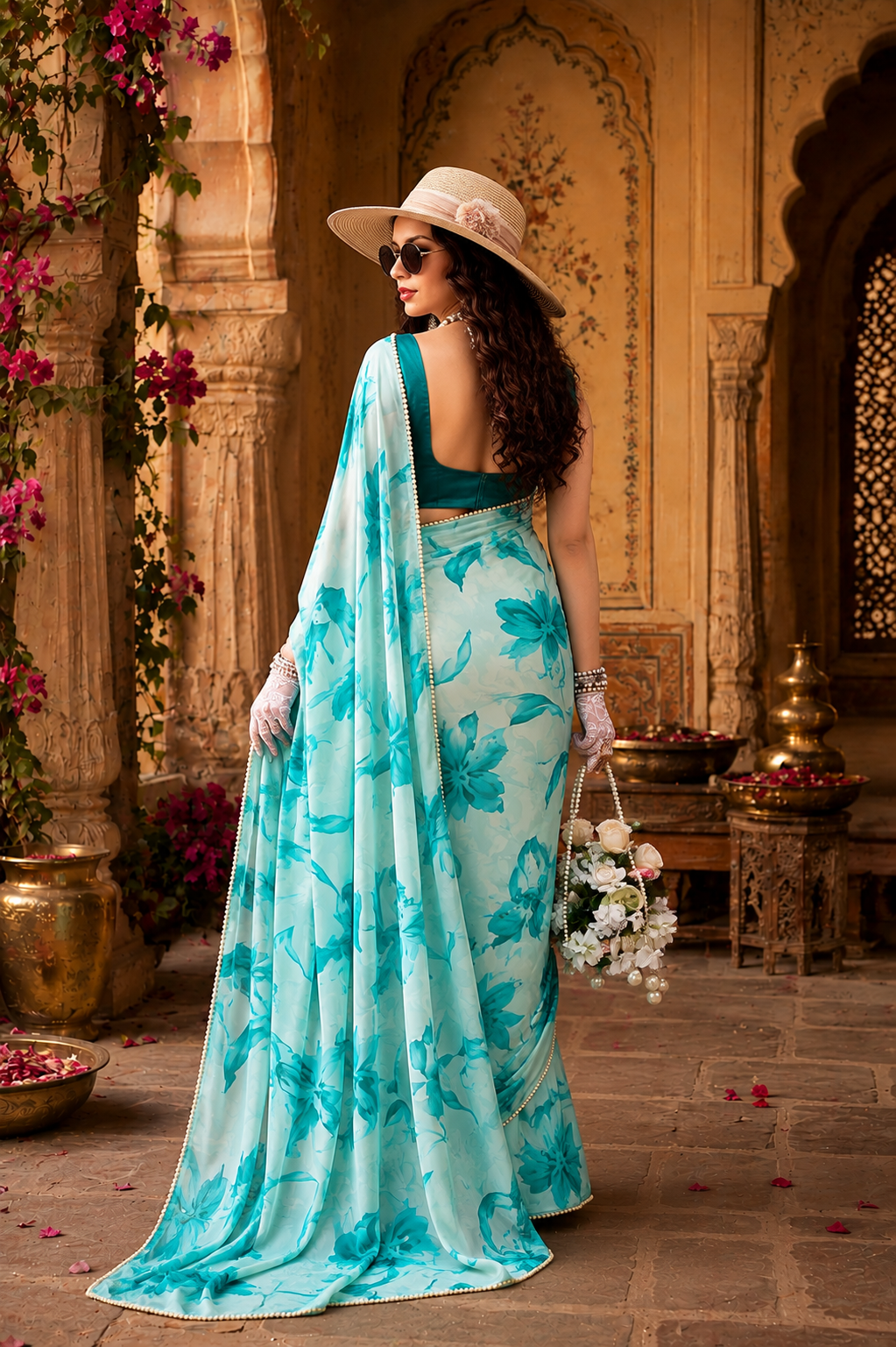 Satin Silk Floral Print Saree With Unstitched Blouse(Teal)