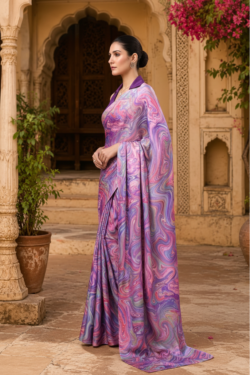 Satin Silk Party Wear Saree With Unstitched Blouse(Lavender)