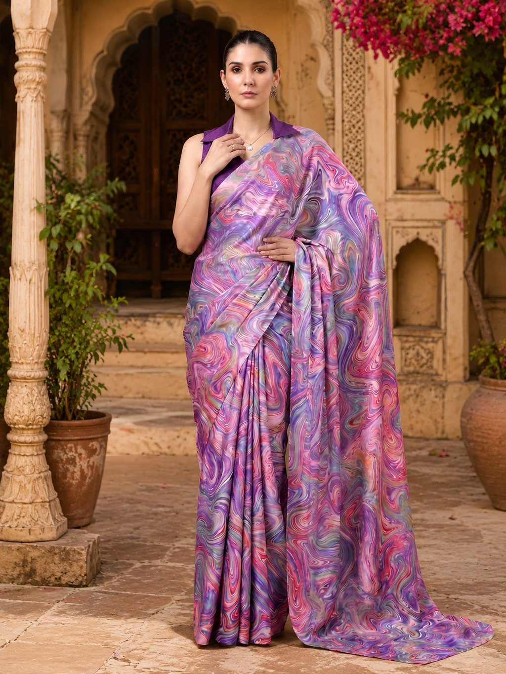 Satin Silk Party Wear Saree With Unstitched Blouse(Lavender)
