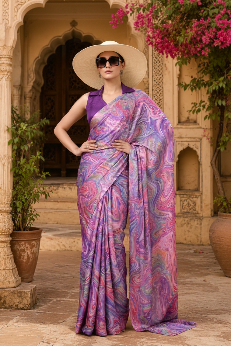 Satin Silk Party Wear Saree With Unstitched Blouse(Lavender)