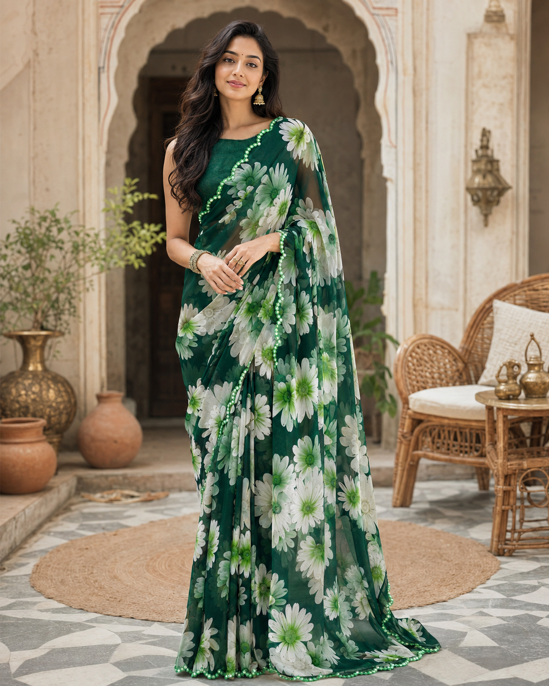 Georgette Floral Printed Saree With Unstitched Blouse(Green)