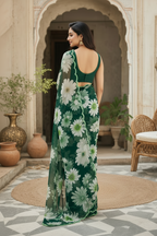 Georgette Floral Printed Saree With Unstitched Blouse(Green)