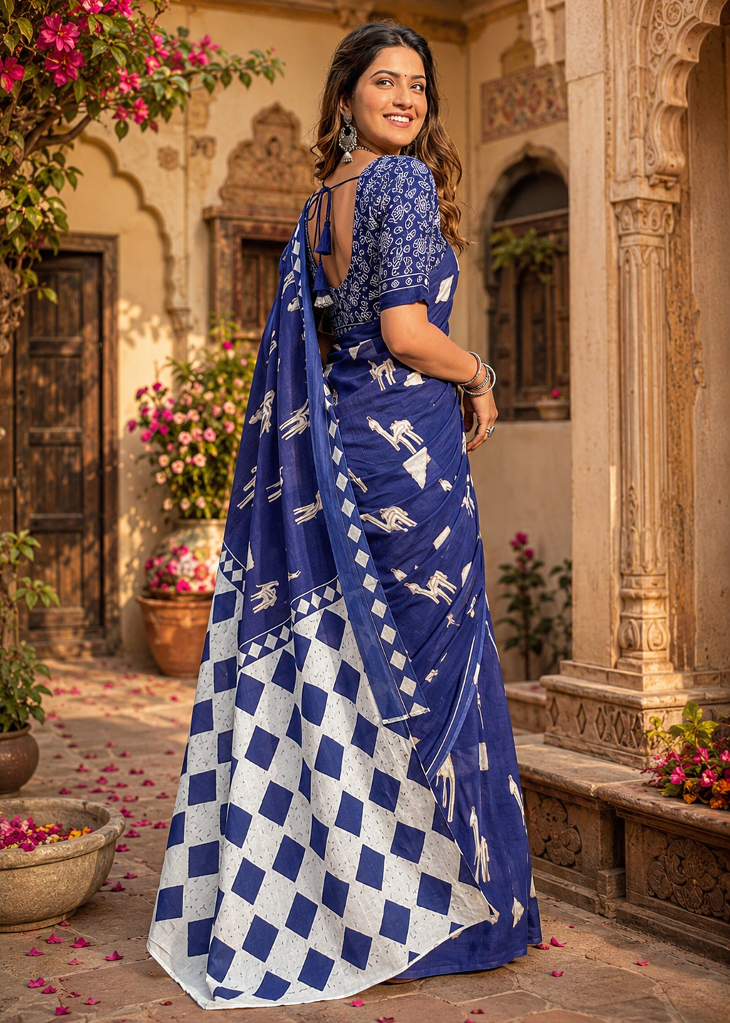 Soft Pure Cotton Printed Saree With Unstitched Blouse(Blue)