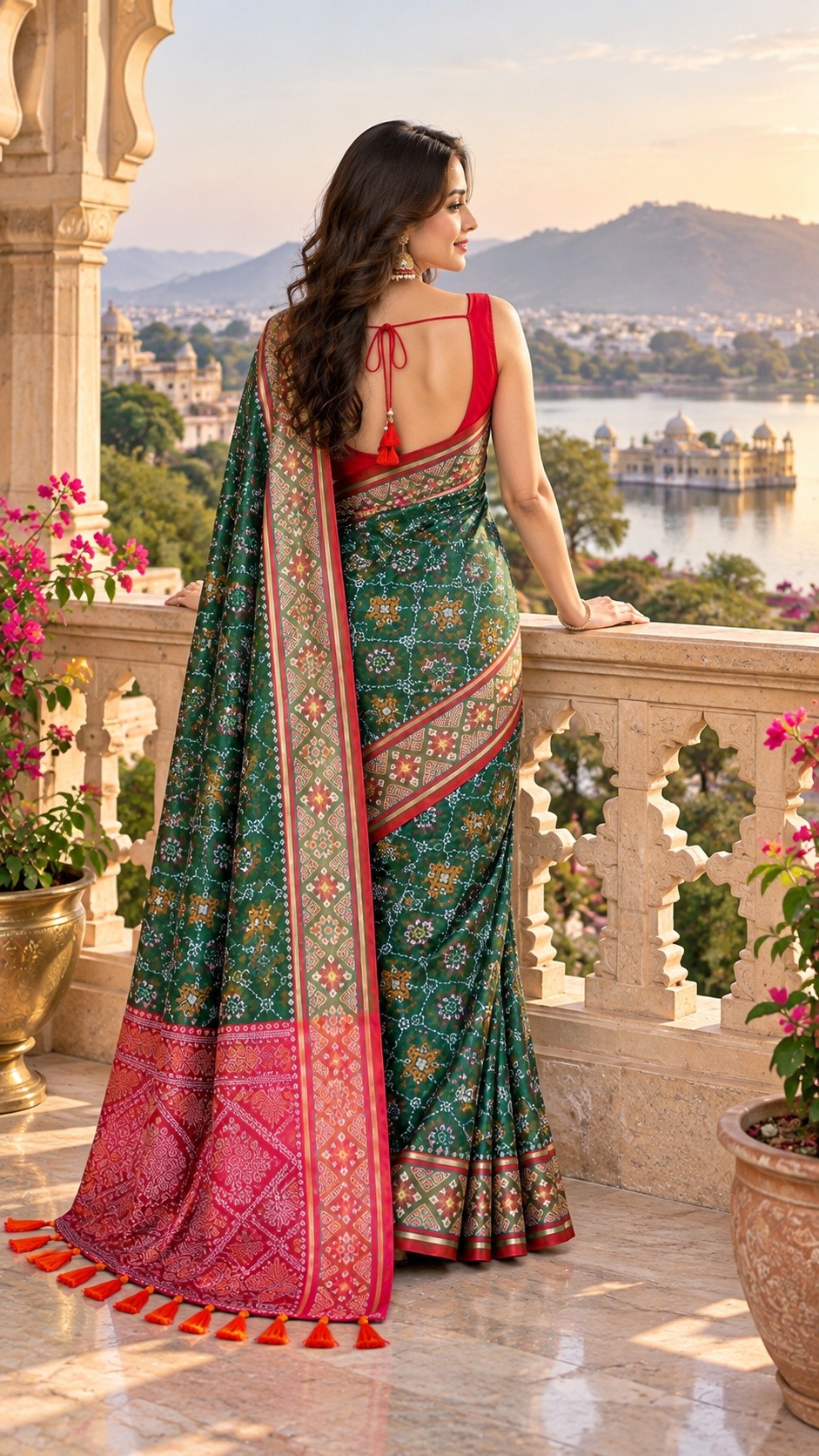 Premium Soft Silk Rangeen Patola Meenakari Rich Pallu Tassels Saree With Unstitched Blouse (Green)