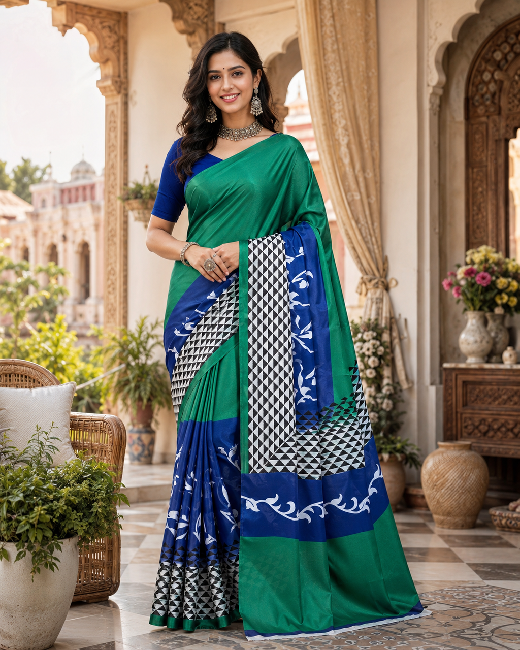 Satin Silk Printed Saree With Unstitched Blouse(Green)