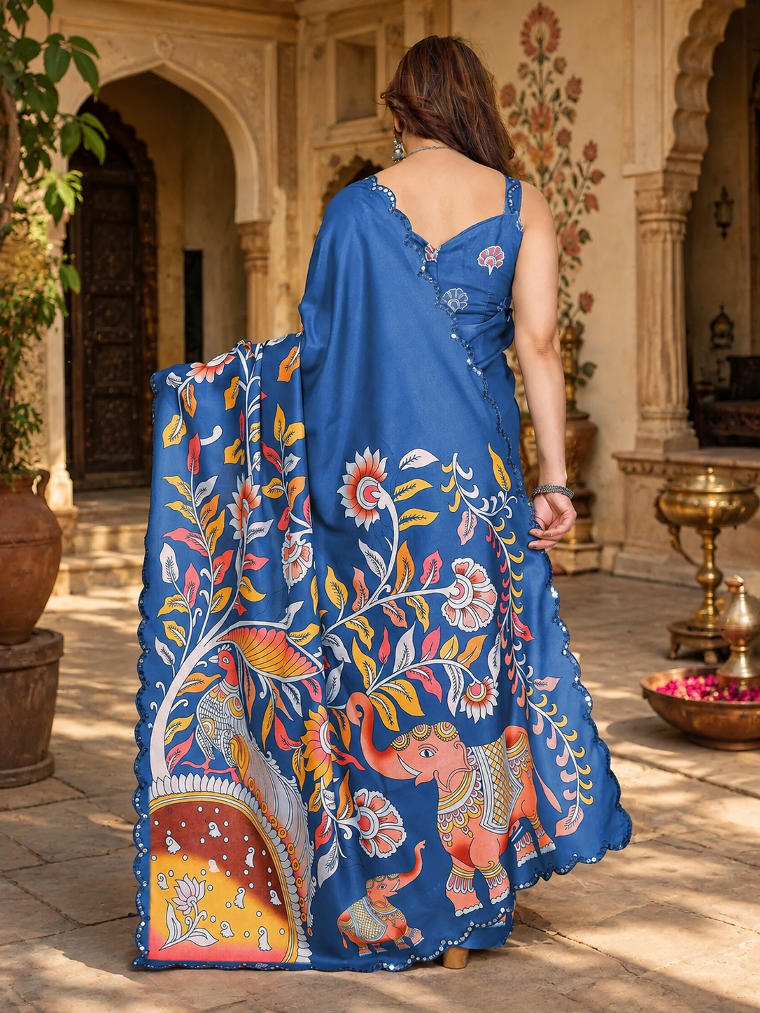 Manipuri Silk Kalamkari Print Saree With Unstitched Blouse(Blue)