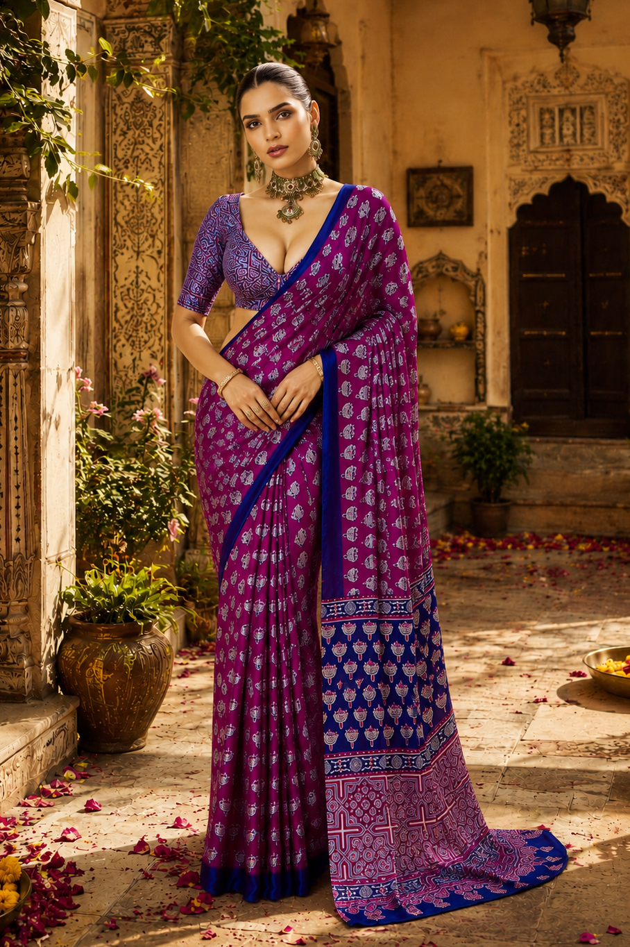 Satin Ajrakh Printed Saree With Unstitched Blouse(Wine)
