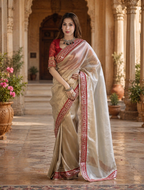 Twill Net Dori Embroidery Work Saree With Unstitched Blouse(Grey)