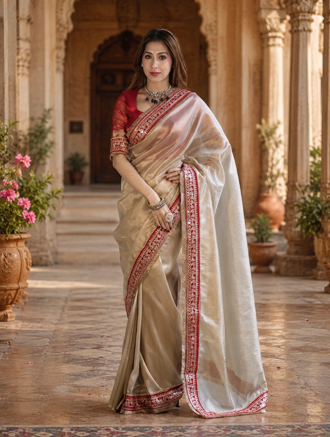 Twill Net Dori Embroidery Work Saree With Unstitched Blouse(Grey)