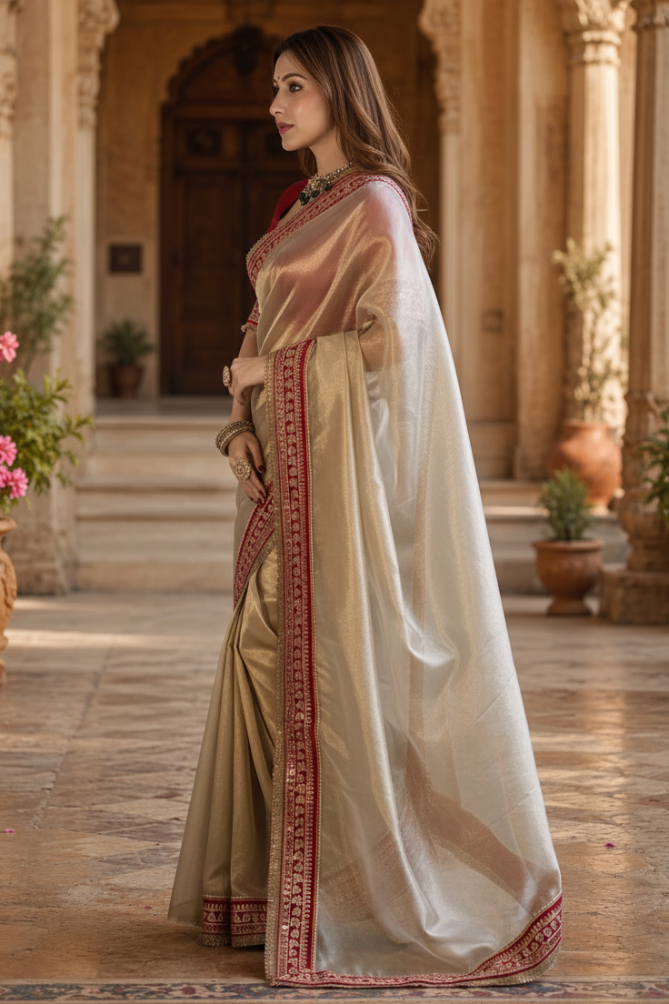 Twill Net Dori Embroidery Work Saree With Unstitched Blouse(Grey)