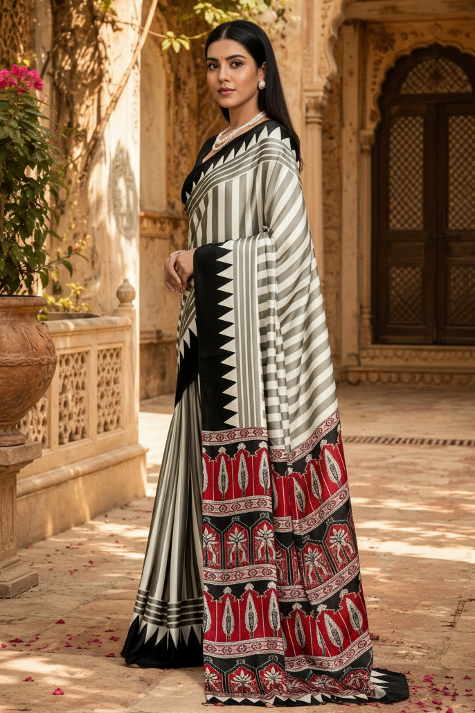 Satin Silk Ajrakh Print Saree With Unstitched Blouse(Black)