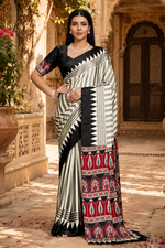 Load image into Gallery viewer, Satin Silk Ajrakh Print Saree With Unstitched Blouse(Black)

