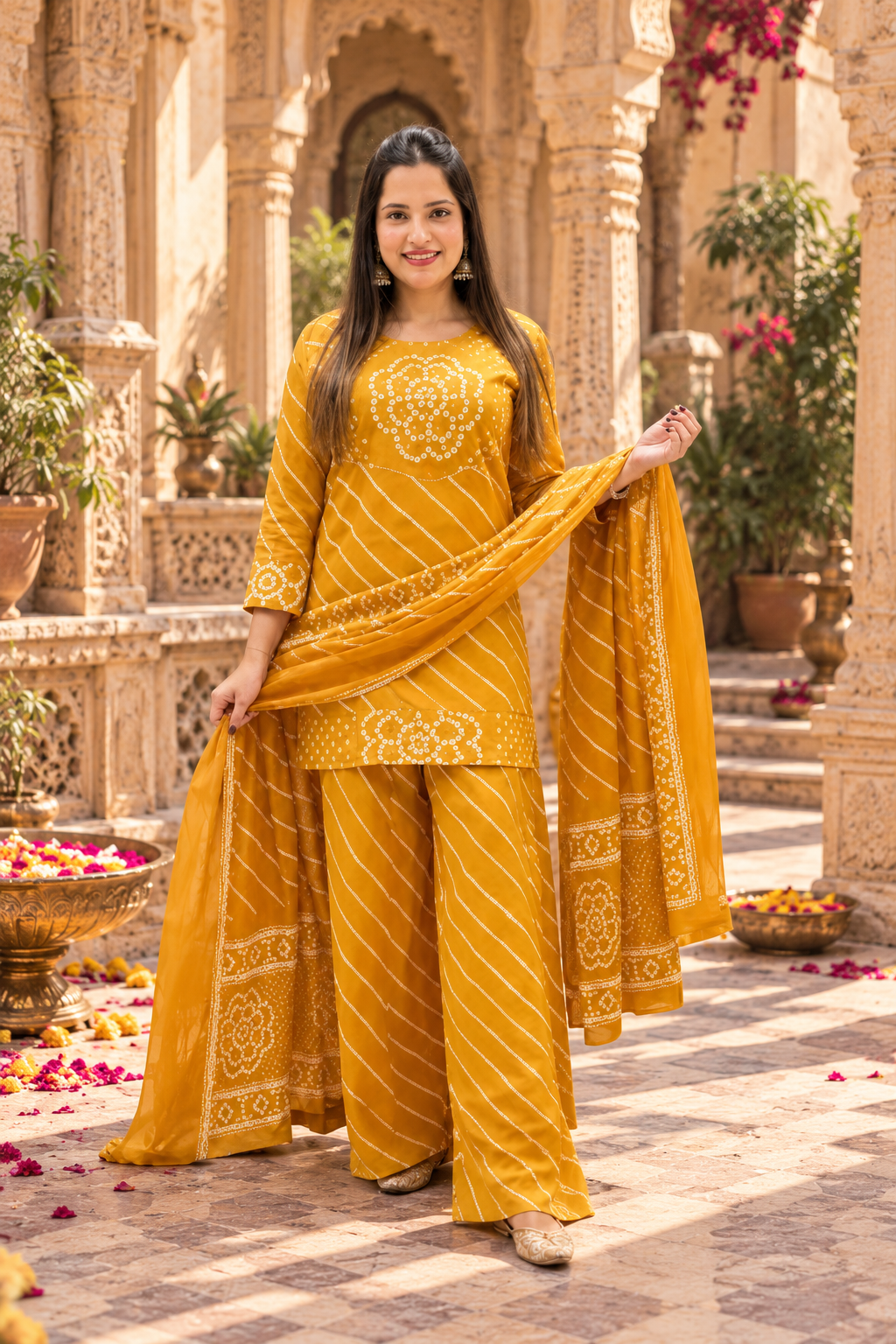 Cotton Kurti Palazzo Set With Dupatta(Yellow)