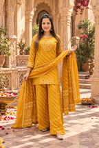 Cotton Kurti Palazzo Set With Dupatta(Yellow)