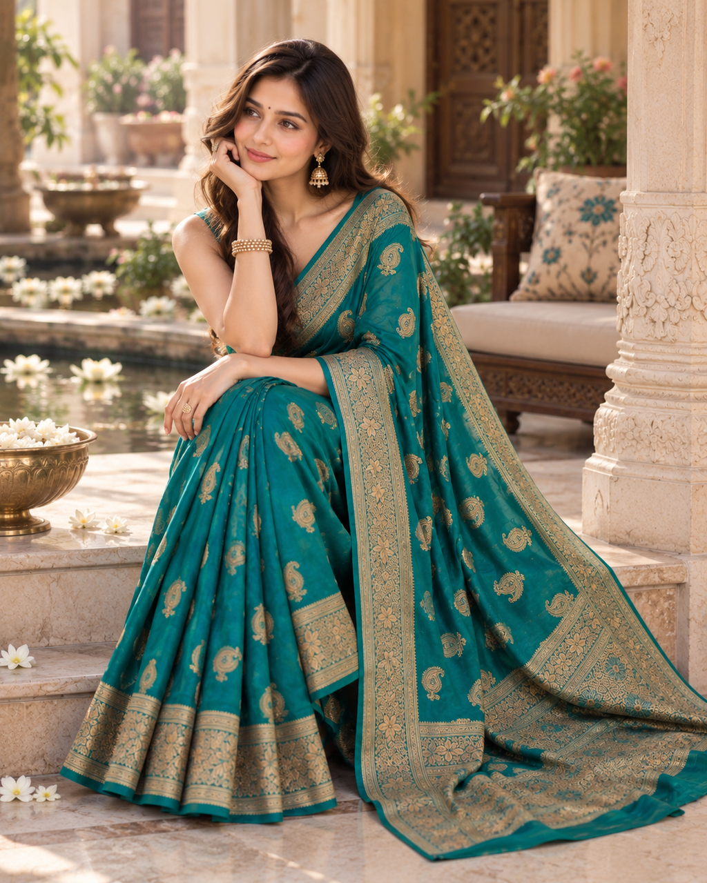 Pure Silk Traditional Buttas Copper Zari Weaving Saree With Unstitched Blouse(Green)