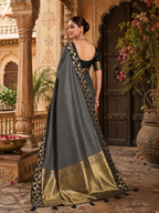 Premium Art Silk Zari Triangle Border Saree With Unstitched Blouse(Grey)