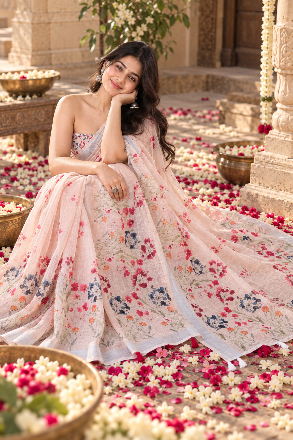 Linen Silver Zari Border Fumka Latakan Saree With Zari Border Unstitched Blouse (Cream)
