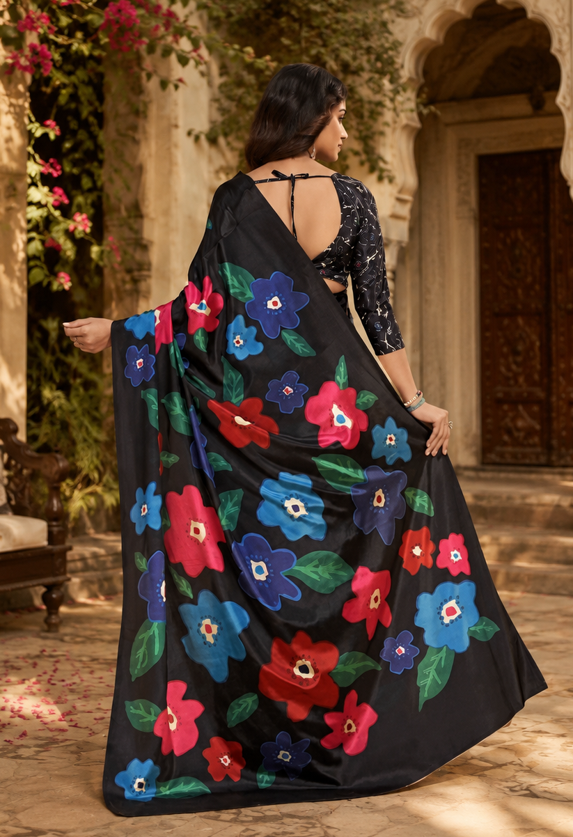 Premium Crepe Silk Saree With Unstitched Blouse(Black)