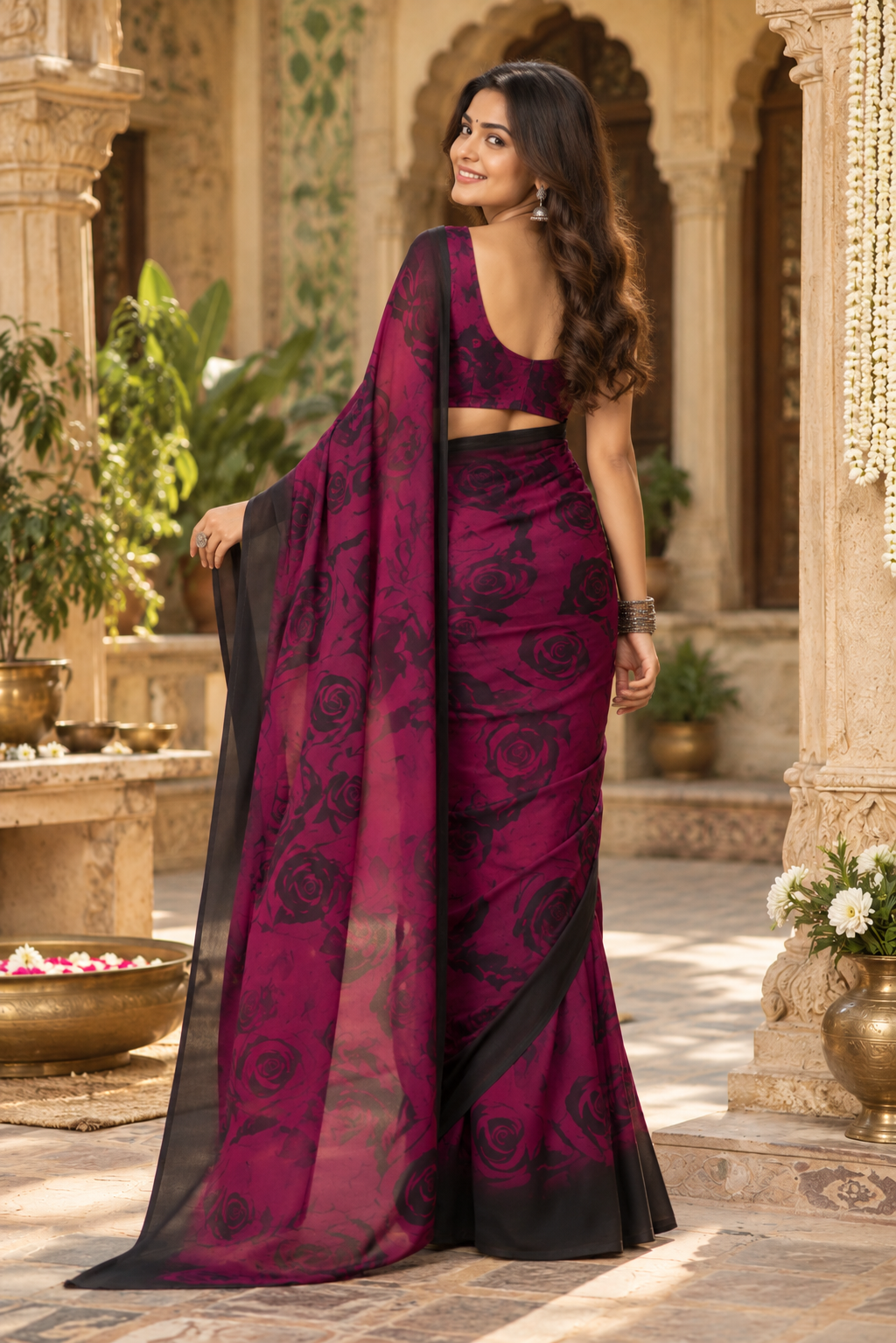 Chiffon Designer Print Saree With Unstitched Blouse(Wine)