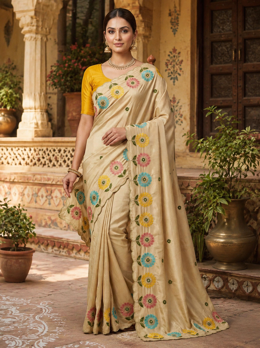 Crepe Silk Embroidery Work Zari Border Saree With Unstitched Blouse(Yellow)