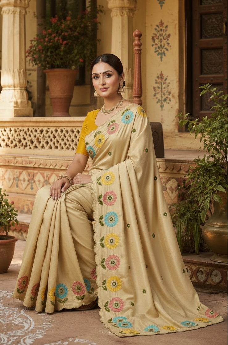 Crepe Silk Embroidery Work Zari Border Saree With Unstitched Blouse(Yellow)