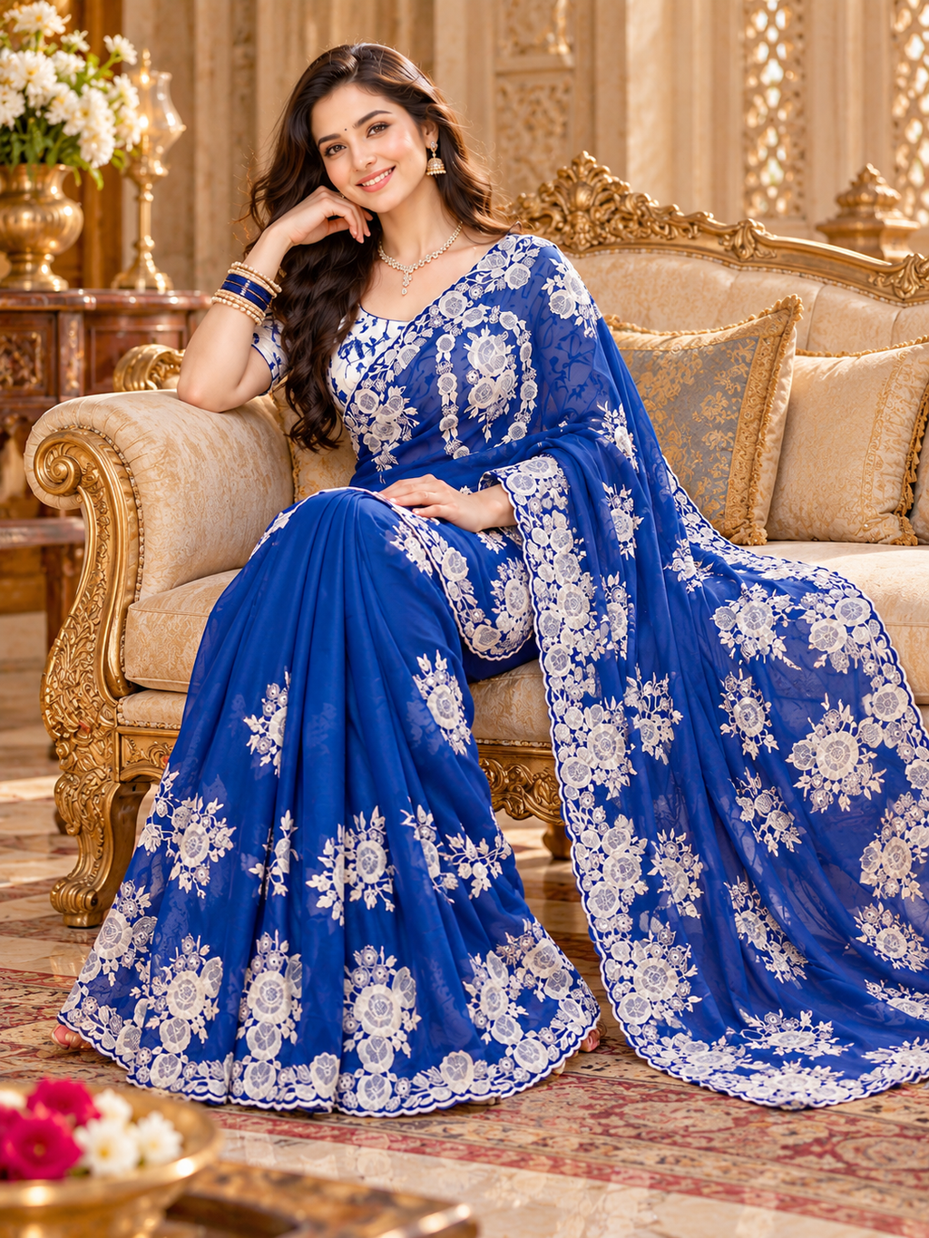 Organza Silk Thread Embroidery Work Saree With Unstitched Blouse (Blue)